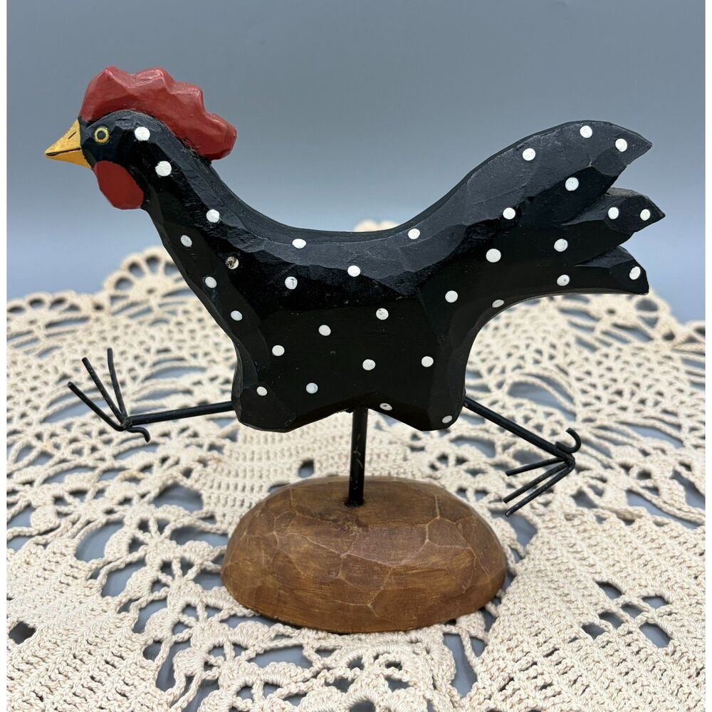 Country Farmhouse Carved Rooster Cottagecore Polka Dot Hen Tabletop